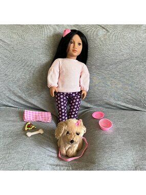 Our Generation 18" Jin Doll With Puppy & Accessories - Pink Sweater Paw-Print Le